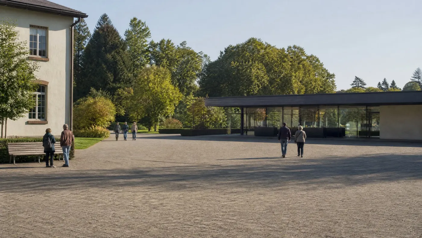 Visitors crossing an open museum forecourt towards a low glazed ticket pavilion