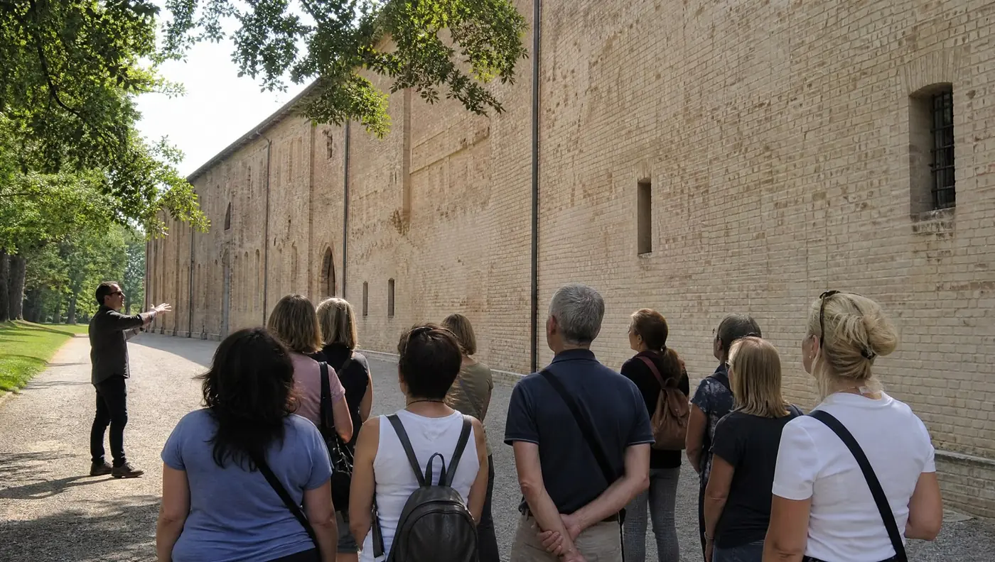 A guide talking to a small group on a gravel path beside a brick wall