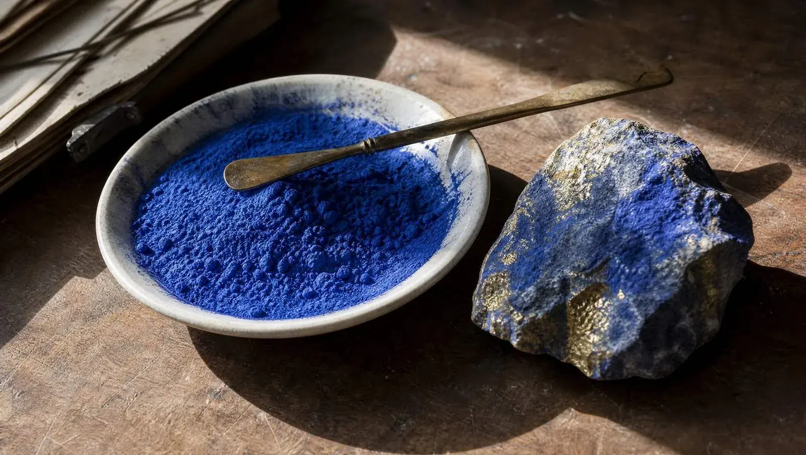 Ground blue pigment in a shallow dish beside a lump of raw blue stone