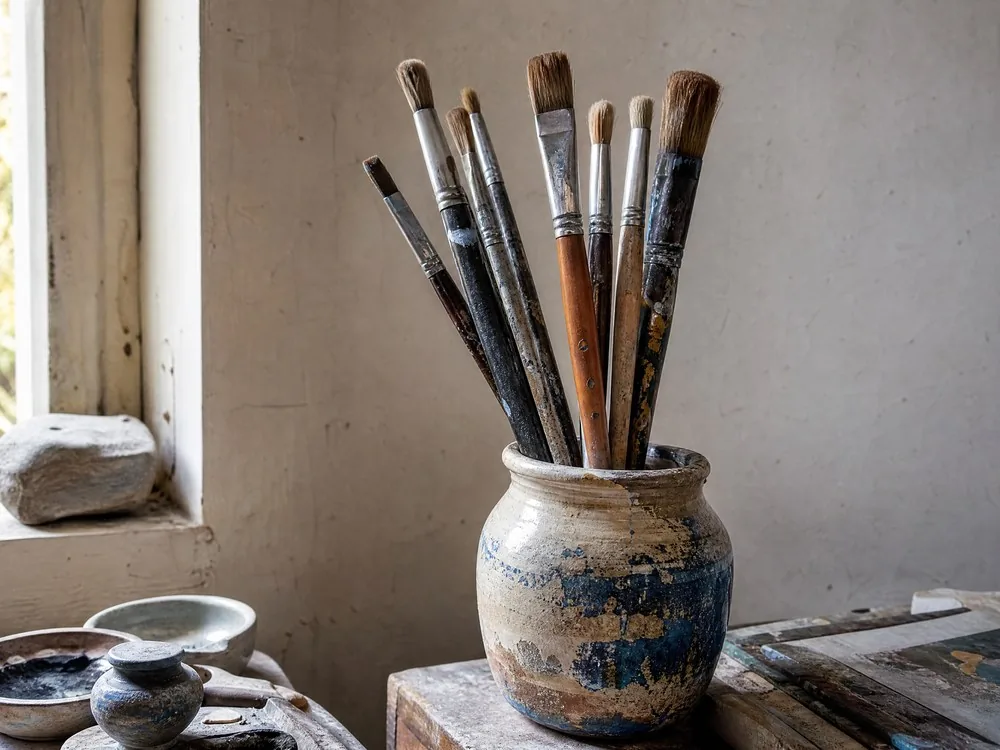 Worn wooden-handled brushes standing in a chipped ceramic jar