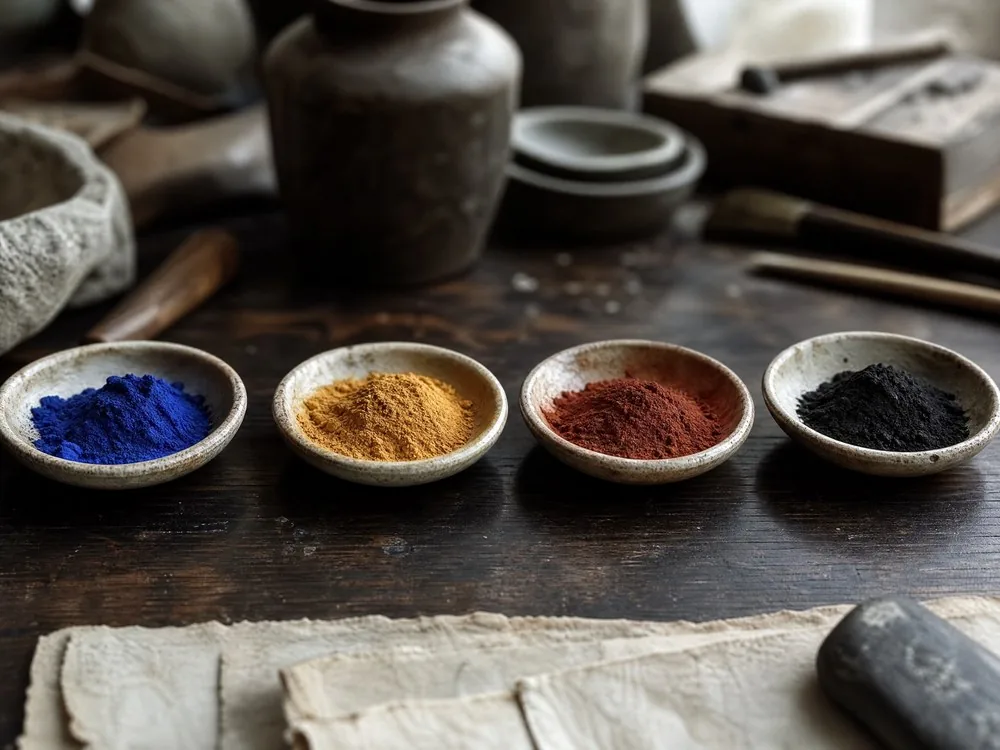 Four shallow dishes of powdered mineral pigment in a row on a dark table
