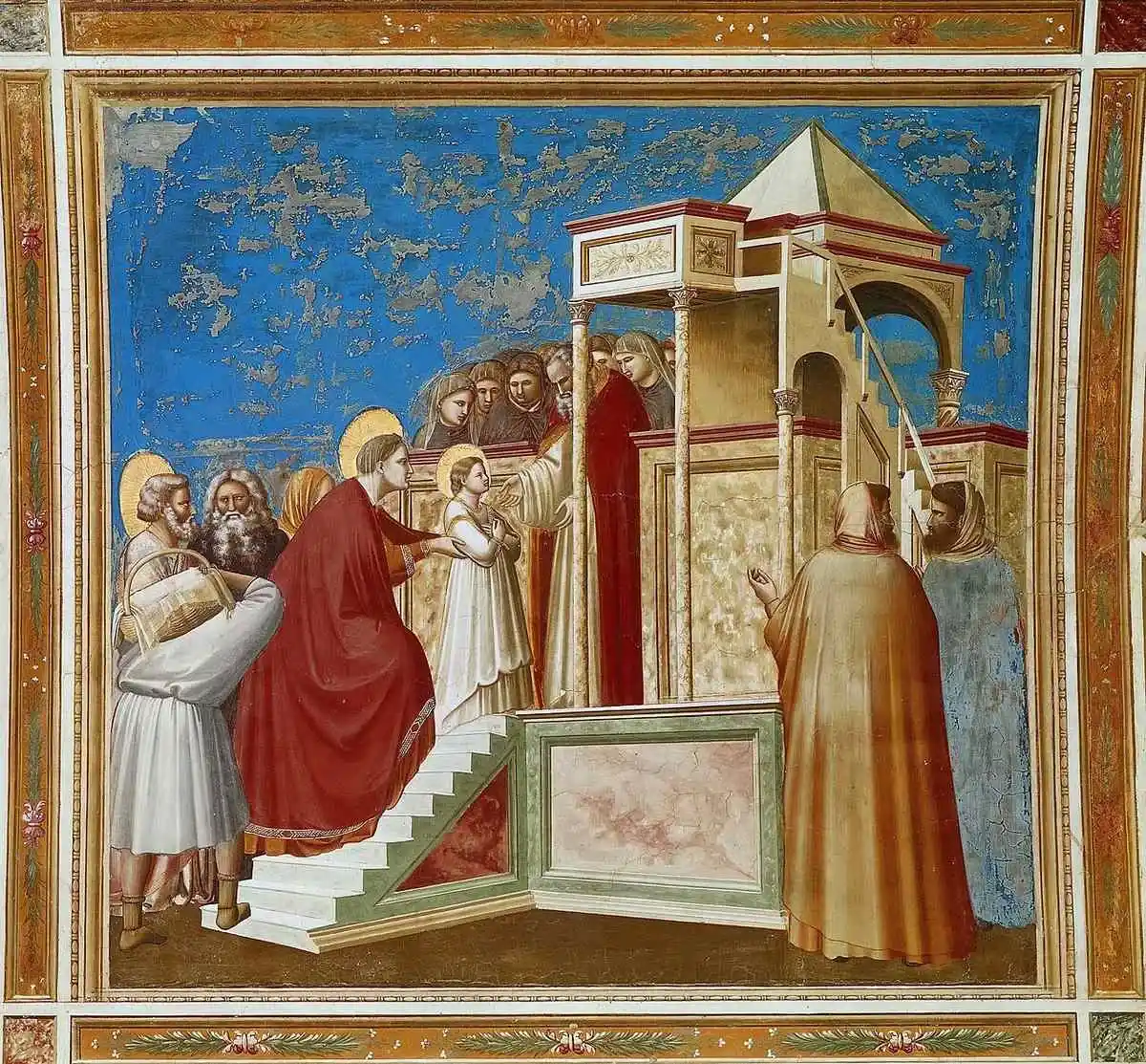 The Presentation of the Virgin: a small girl climbing the steps of a temple, watched by a group of adults